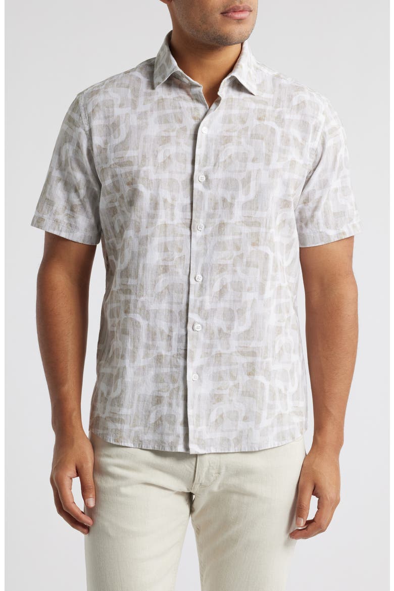 Steinway Short Sleeve Cotton & Linen Button-Up Shirt, Main, color, TAN