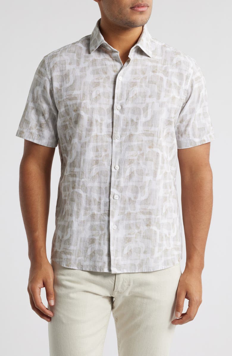 Robert Barakett Steinway Short Sleeve Cotton & Linen Button-Up Shirt, Main, color, Tan