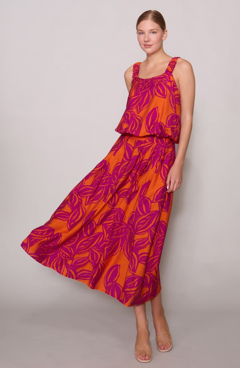 MELLODAY Floral Print Midi Skirt, Alternate, color, Orange / Magenta