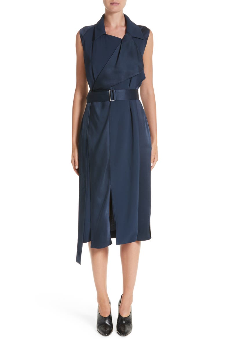 Crepe Back Satin Belted Wrap Dress, Main, color, NAVY