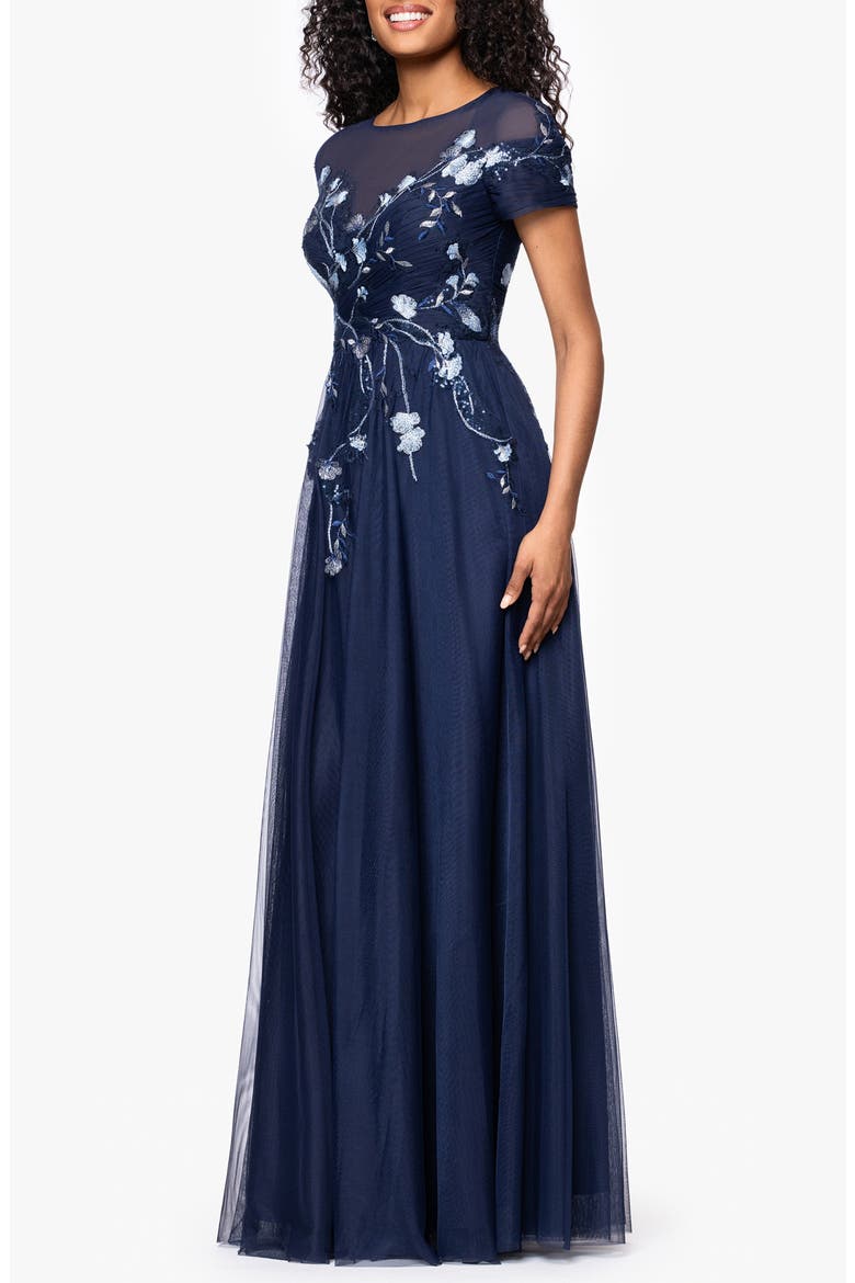 Embroidered Sequin Floral Bodice Mesh Gown, Alternate, color, NAVY/ MULTI