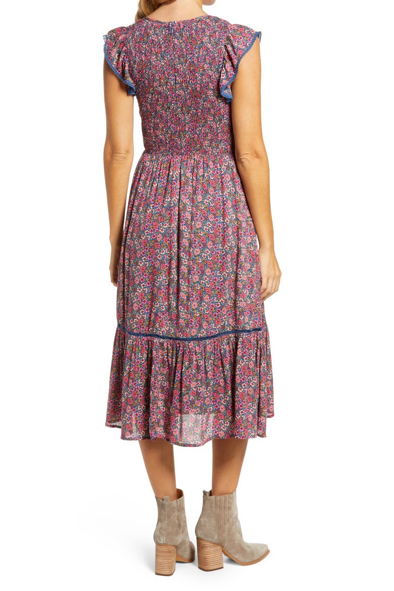 Orchid Print Smocked Midi Dress, Alternate, color, BLUE MULTI