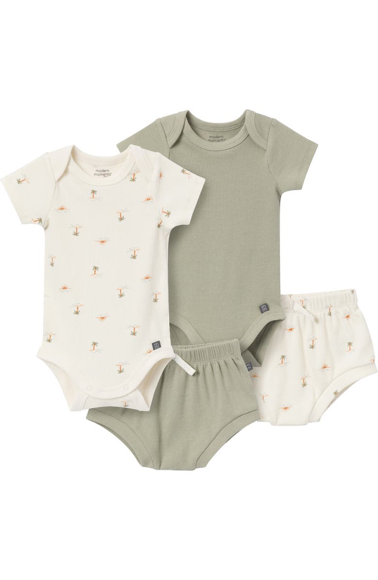 Modern Moments<sup>™</sup> by Gerber Bodysuits & Shorts 4-Pack Set, Main, color, Ivory Mini Island/Md Green
