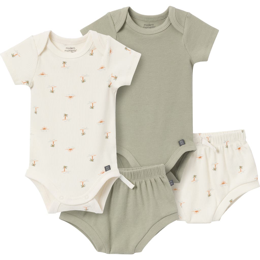 Modern Moments™ By Gerber Bodysuits & Shorts 4-pack Set In Ivory Mini Island/md Green