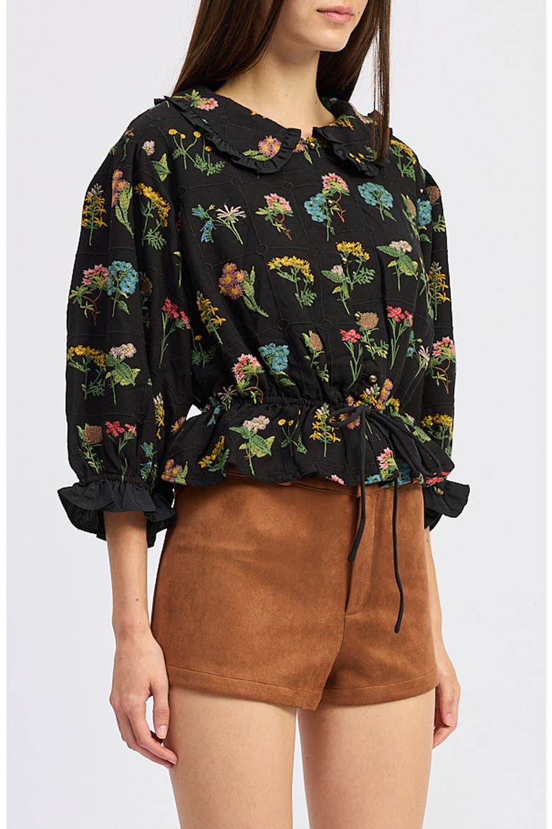 Lia Embroidered Ruffle Peplum Button-Up Shirt, Alternate, color, BLACK MULTI