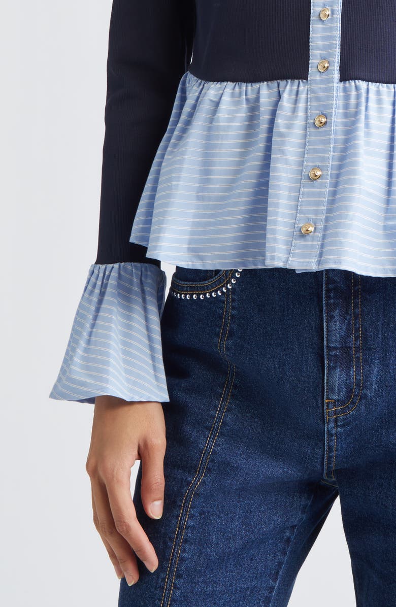 Cinq à Sept Skai Mixed Media Top, Alternate, color, Navy