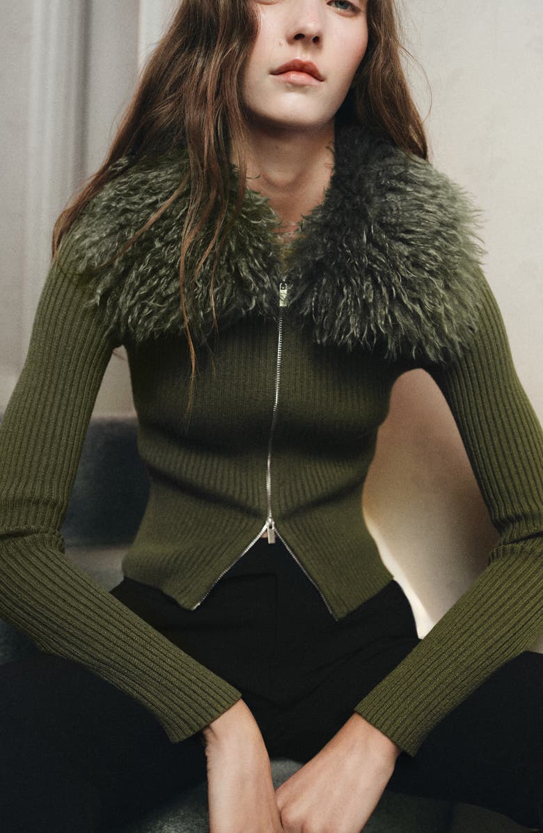 MANGO Faux Fur Collar Zip Cardigan, Alternate, color, 