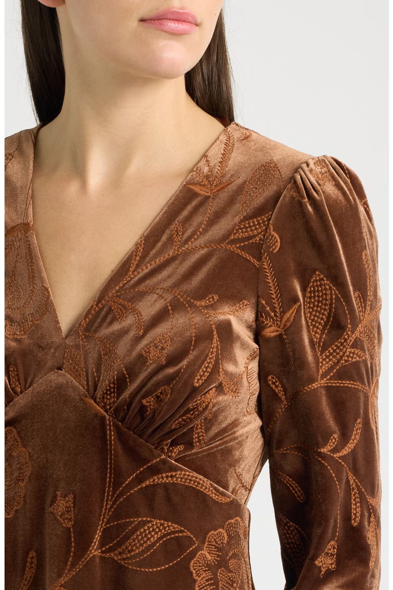 Long Sleeve Embroidered Velvet Dress, Alternate, color, CHOCOLATE