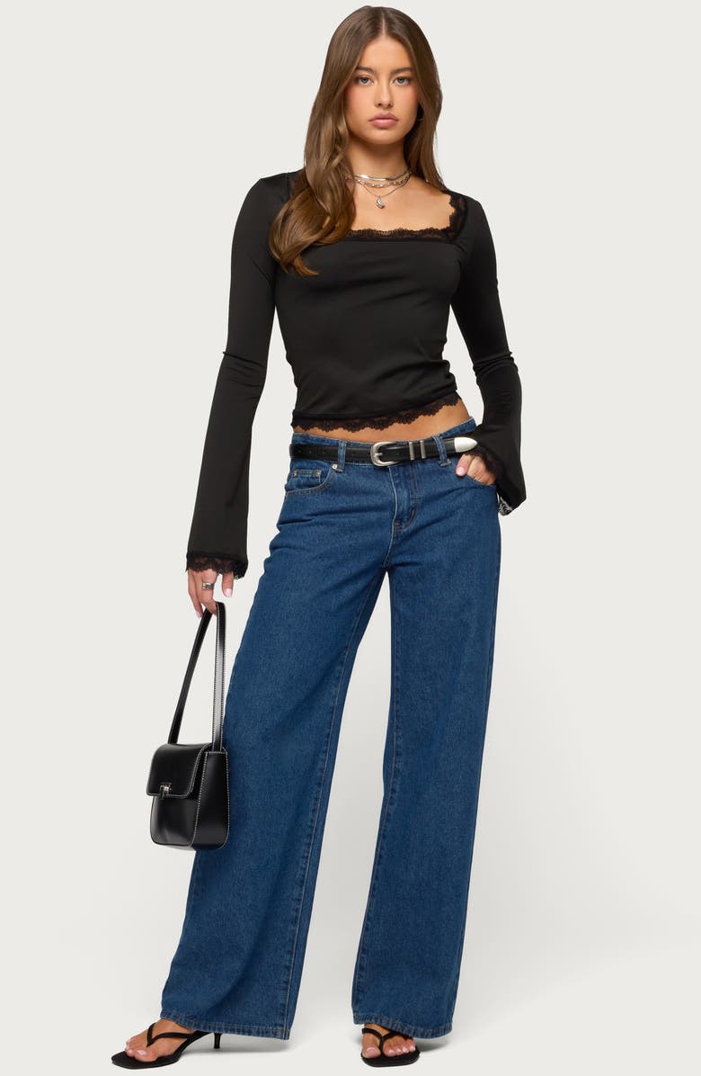 EDIKTED Kailin Lace Trim Bell Sleeve Crop Top, Alternate, color, Black