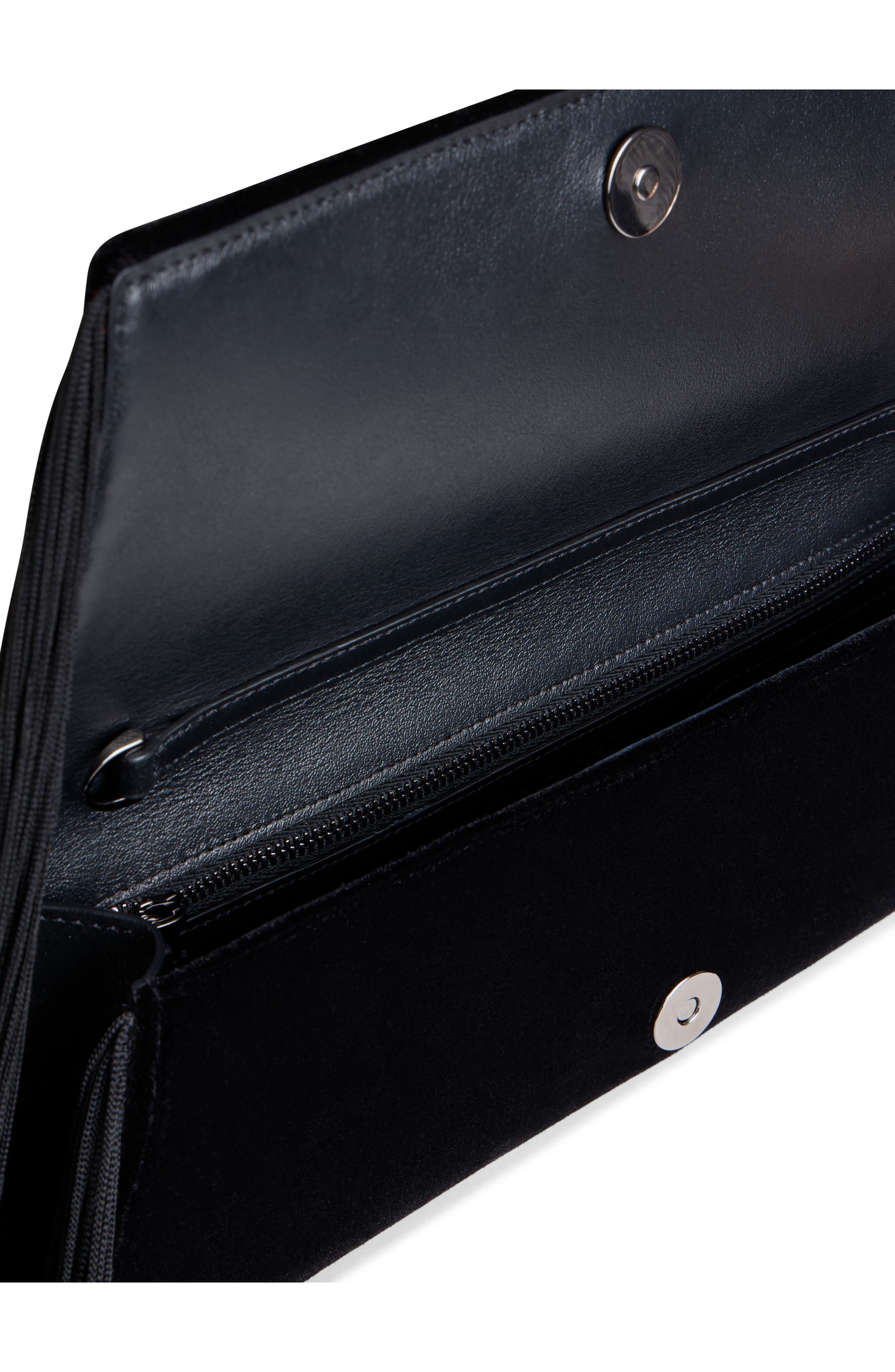 Small Anouk Fringe Velvet Trapezoid Clutch, Alternate, color, BLACK