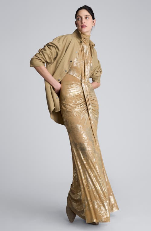 Kenneth Cole Metallic Foil Mesh Pleated Bodice Maxi Dress In Gold