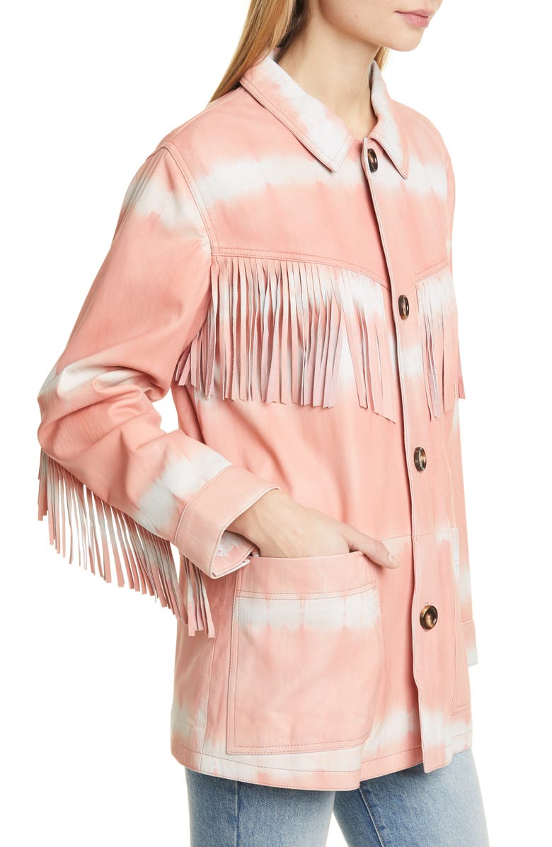 Sea Zelda Tie Dye Fringe Trim Leather Jacket, Alternate, color, 