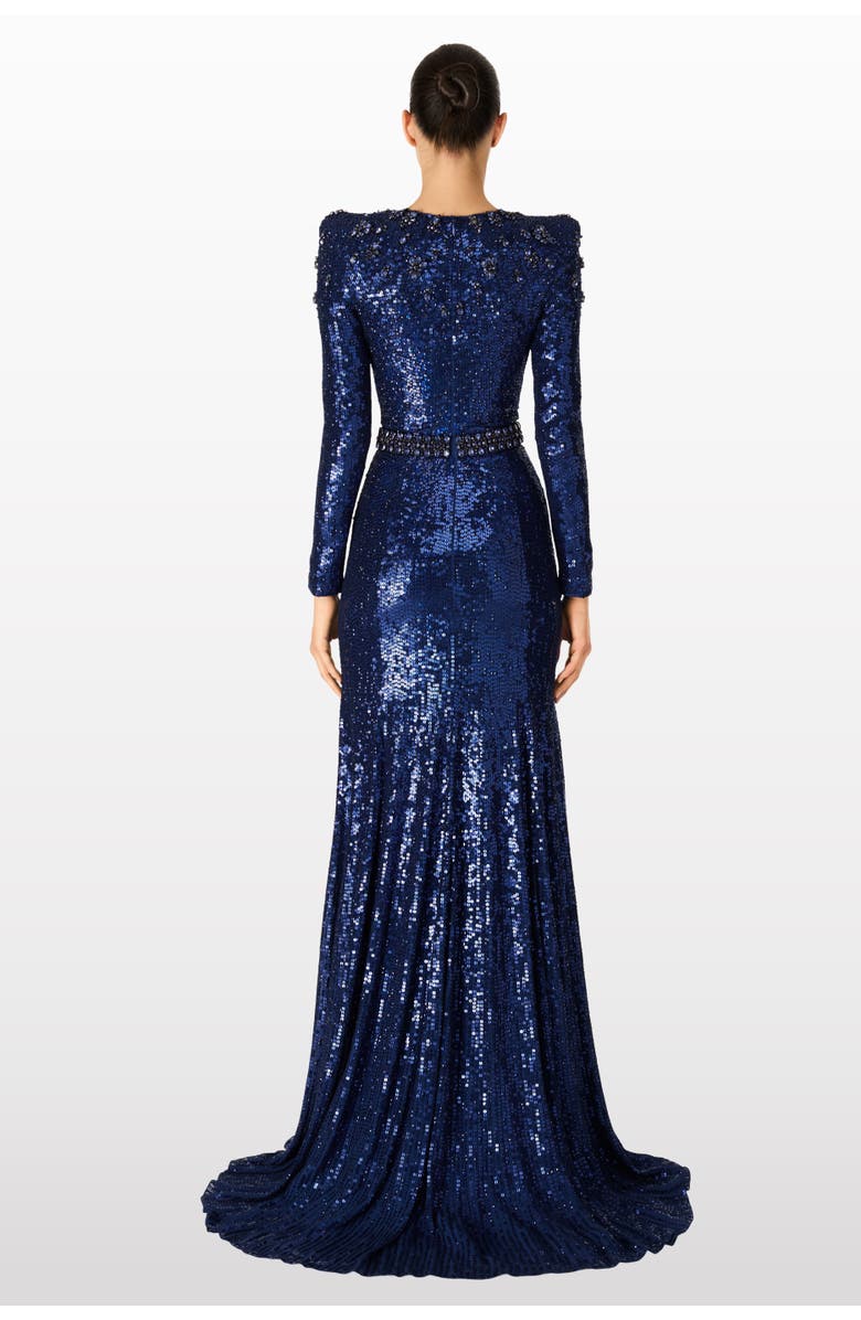 Jenny Packham Georgia Sequined Long-Sleeve Gown, Alternate, color, Light Navy