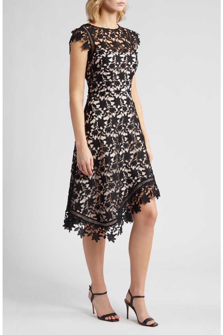 Lace Asymmetric Cocktail Dress, Alternate, color, BLK NATURA