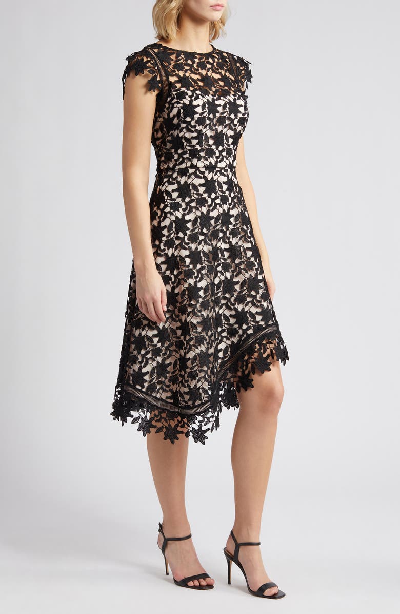 Eliza J Lace Asymmetric Cocktail Dress, Alternate, color, Blk Natura