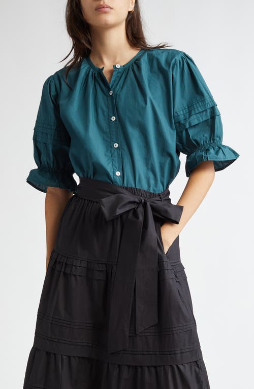 MILLE Fayette Cotton Button-Up Top in Emerald Poplin 