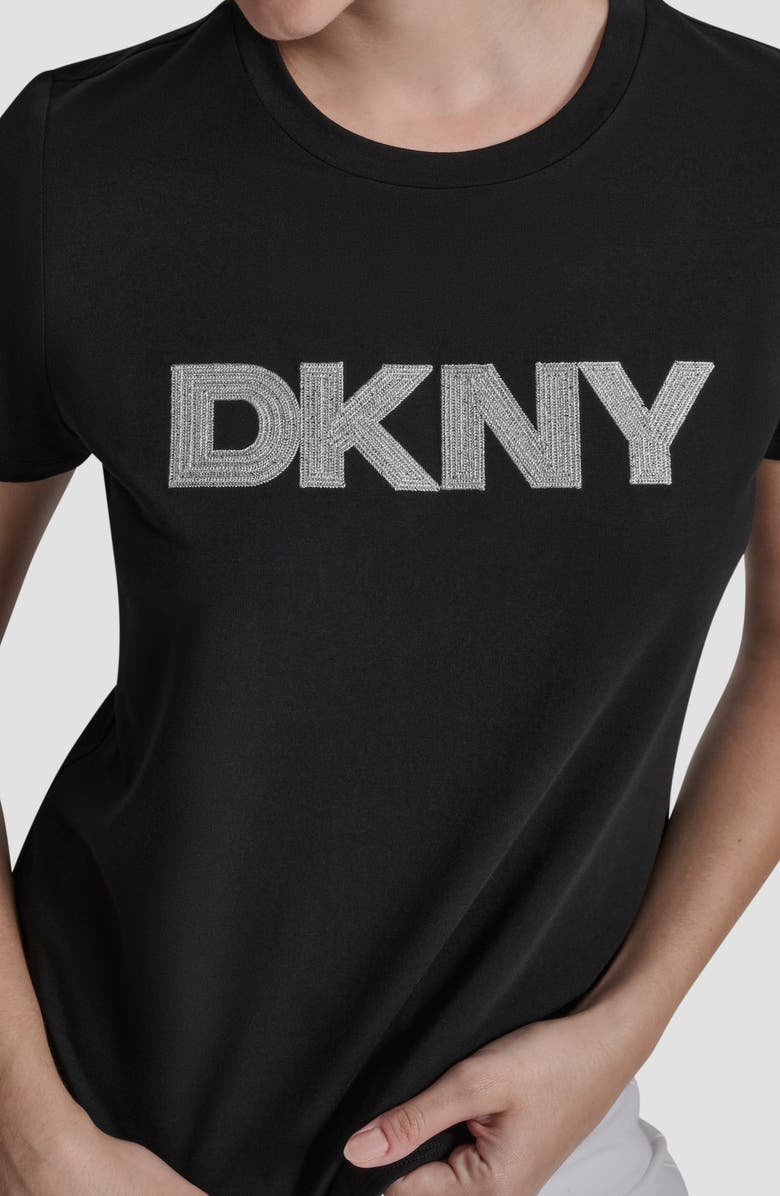 DKNY Metallic Embroidered Cotton T-Shirt, Alternate, color, Black
