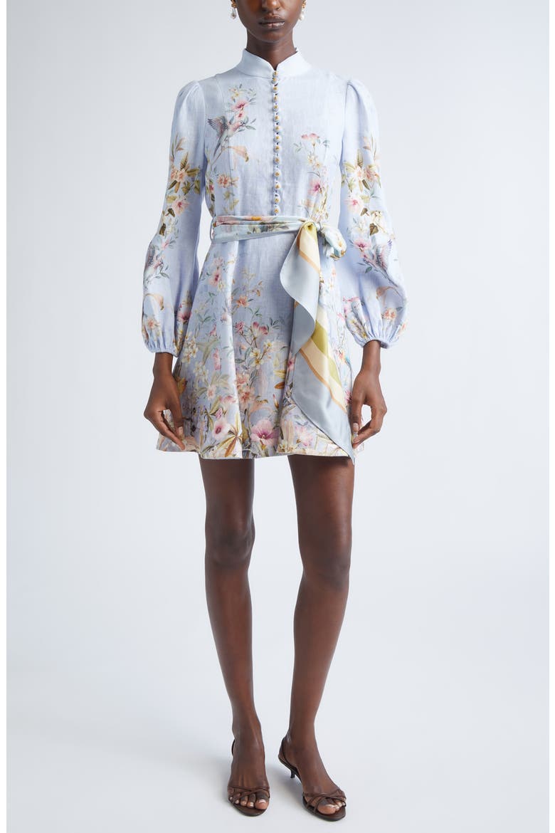 Rebellion Long Sleeve Linen Belted Minidress, Main, color, BLUE AVIARY