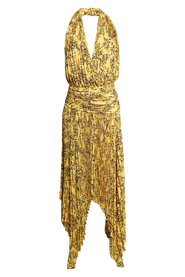 Paulina Pleated Georgette Halter Dress, Alternate, color, GOLD MULTI