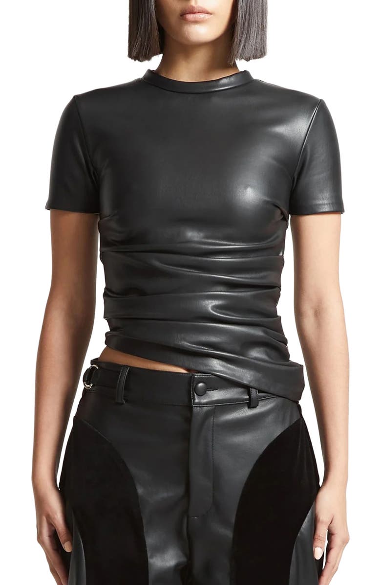 Manière De Voir Leather Ruched T-Shirt, Main, color, Black