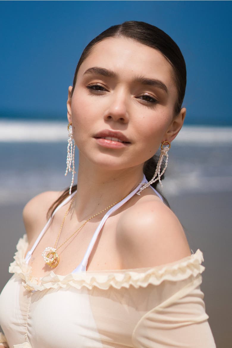 Nina Gold Hoop Bead Pearl Tassel Earrings, Alternate, color, Gold