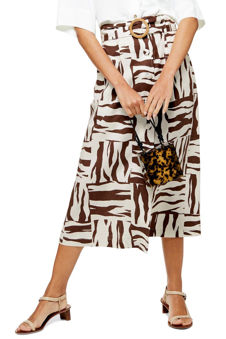 Zebra Print Linen Blend Midi Skirt, Main, color, BROWN MULTI