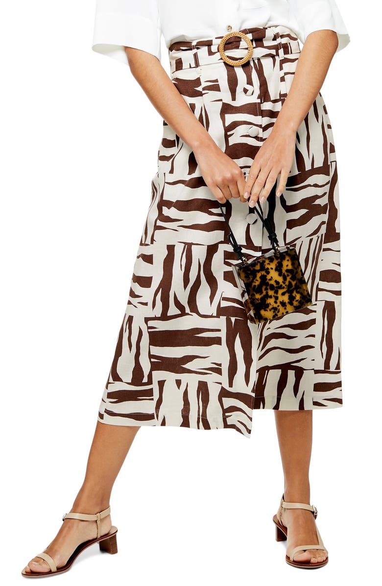 Topshop Zebra Print Linen Blend Midi Skirt, Main, color, 
