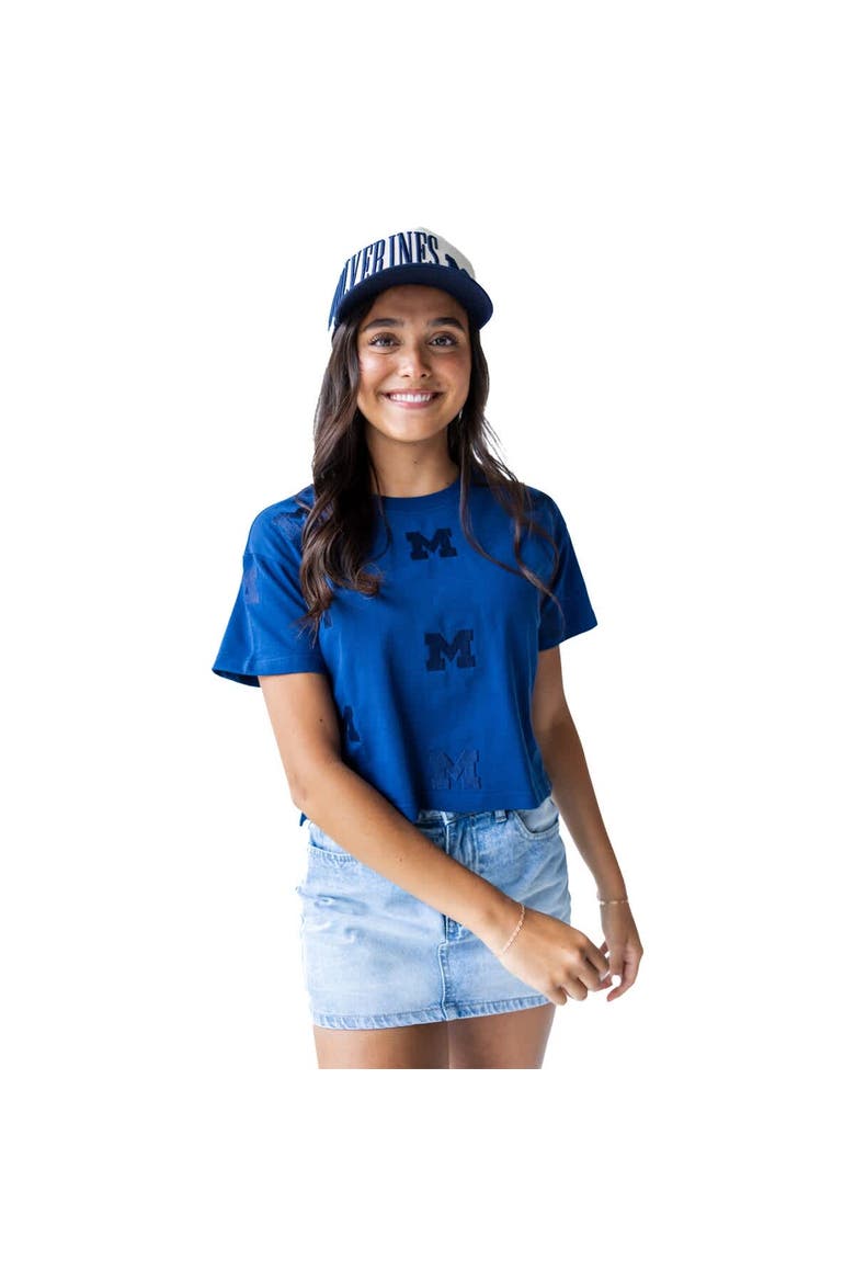 Women's Gameday Social Navy Michigan Wolverines Allover Print Heavyweight Cropped T-Shirt, Alternate, color, Navy