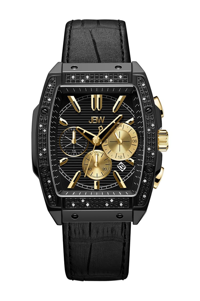 Echelon Diamond Chronograph Croc Embossed Leather Strap Watch, 41mm, Main, color, BLACK