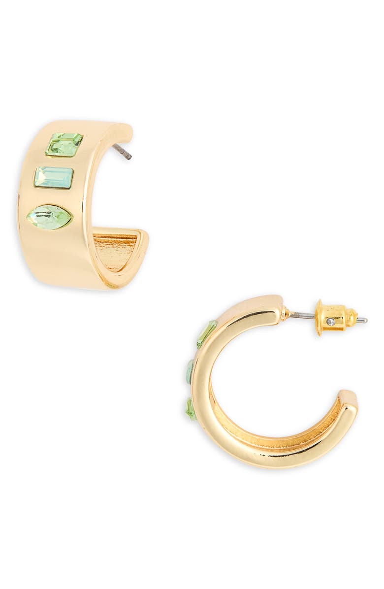 NORDSTROM RACK Crystal Huggie Hoop Earrings, Main, color, Green- Gold