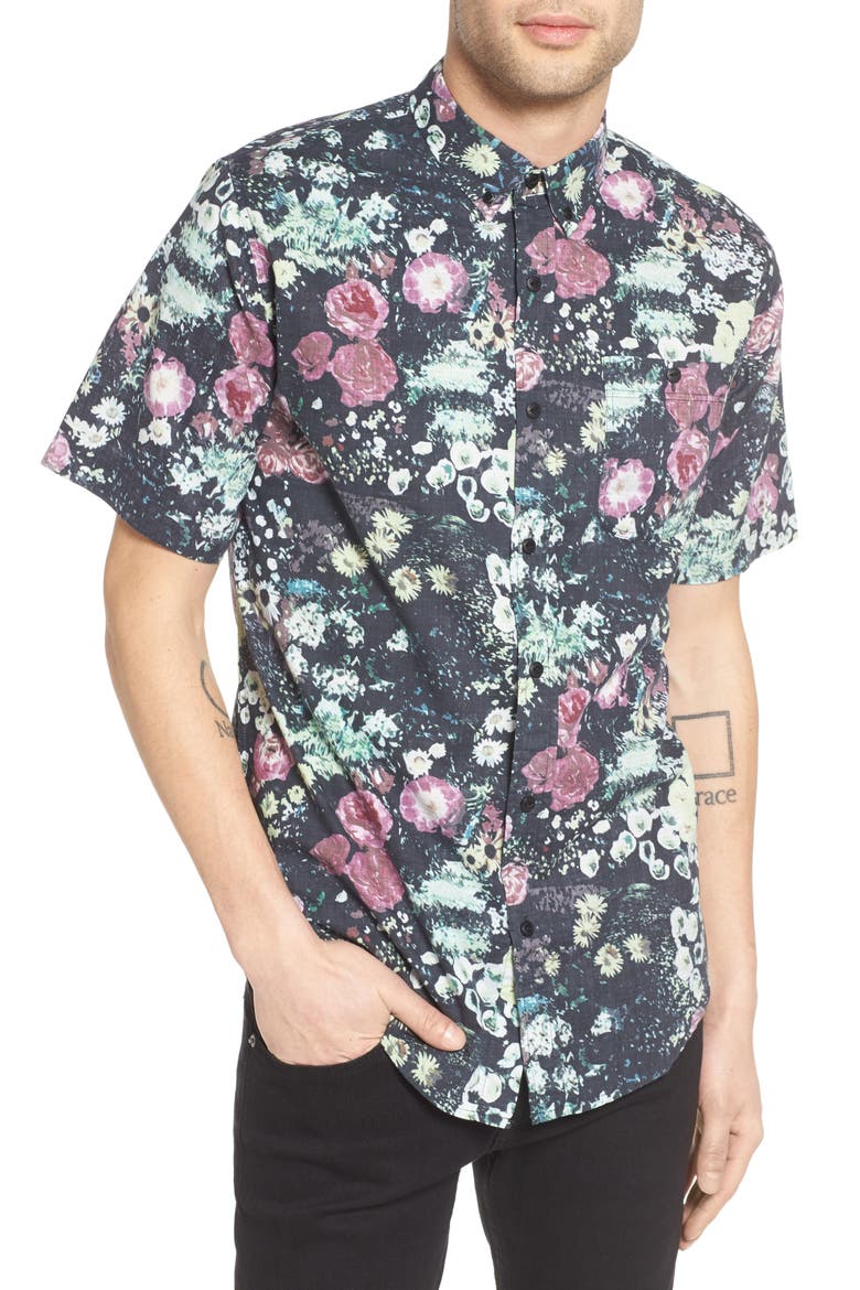 Floral Print Woven Shirt, Main, color, BLACK