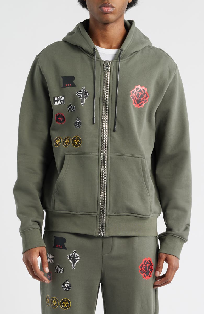 RtA Floyd Military Patch Zip Hoodie, Alternate, color, Olive Military Patch