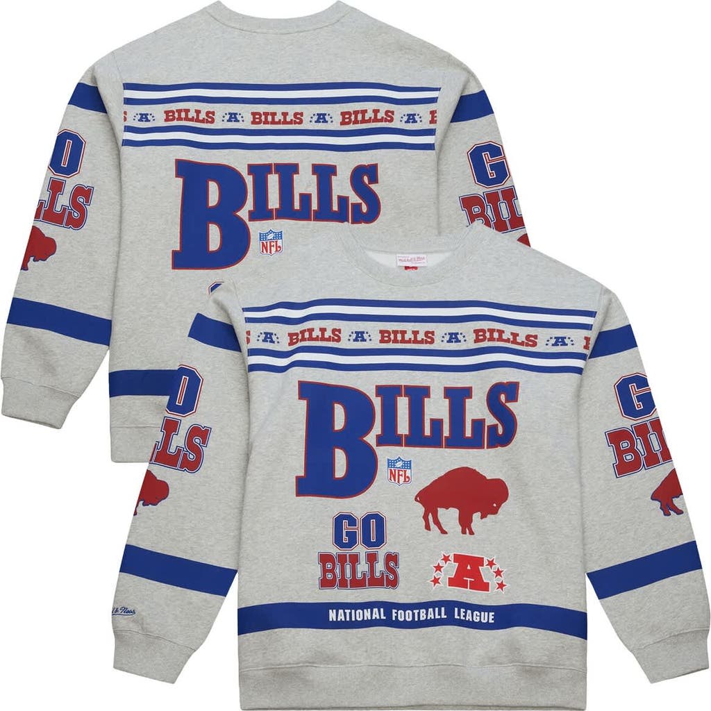 Mitchell & Ness Heather Gray Buffalo Bills All Over Print Vintage Fleece Crewneck Sweatshirt In Gray