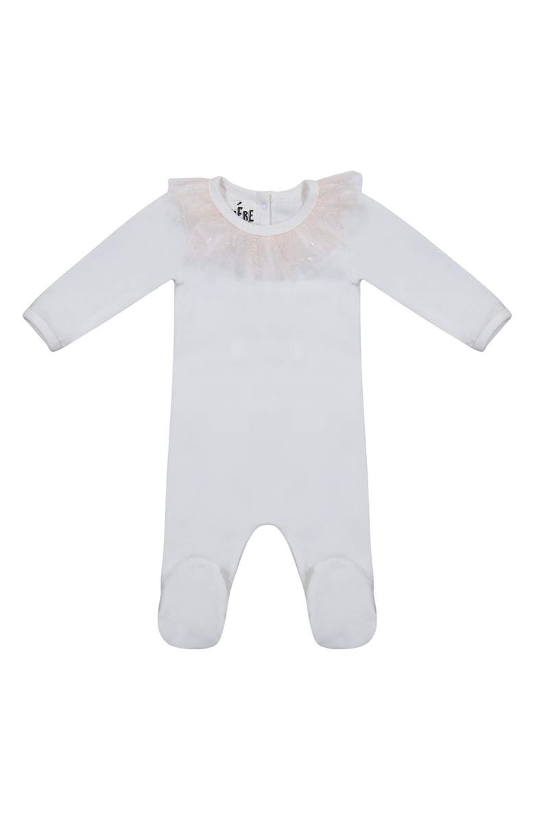 Manière Glitter Mesh Ruffle Footie, Main, color, White/ Mauve