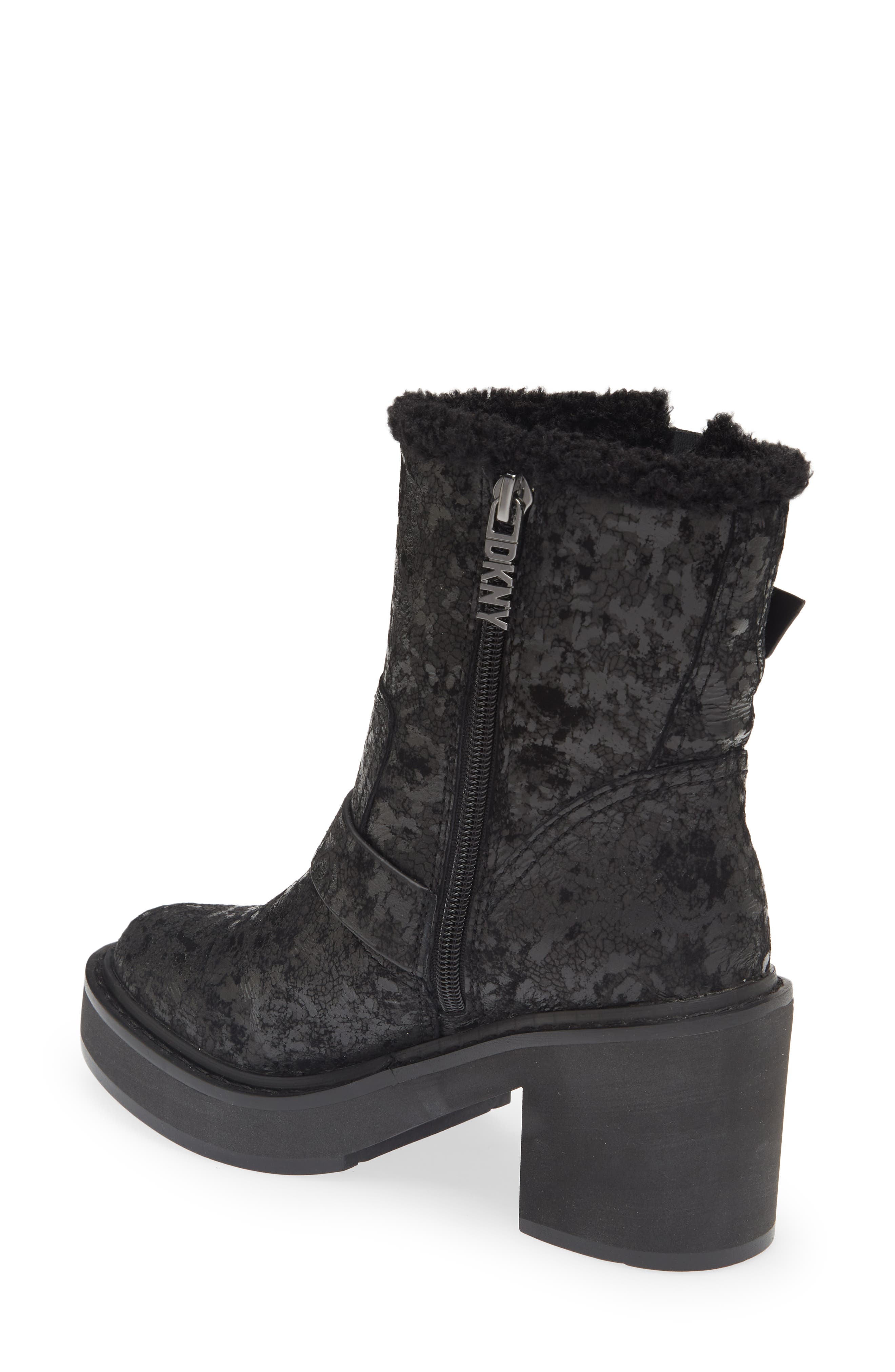 DKNY Daray Buckle Block Heel Bootie, Alternate, color, Black Cracked Leather