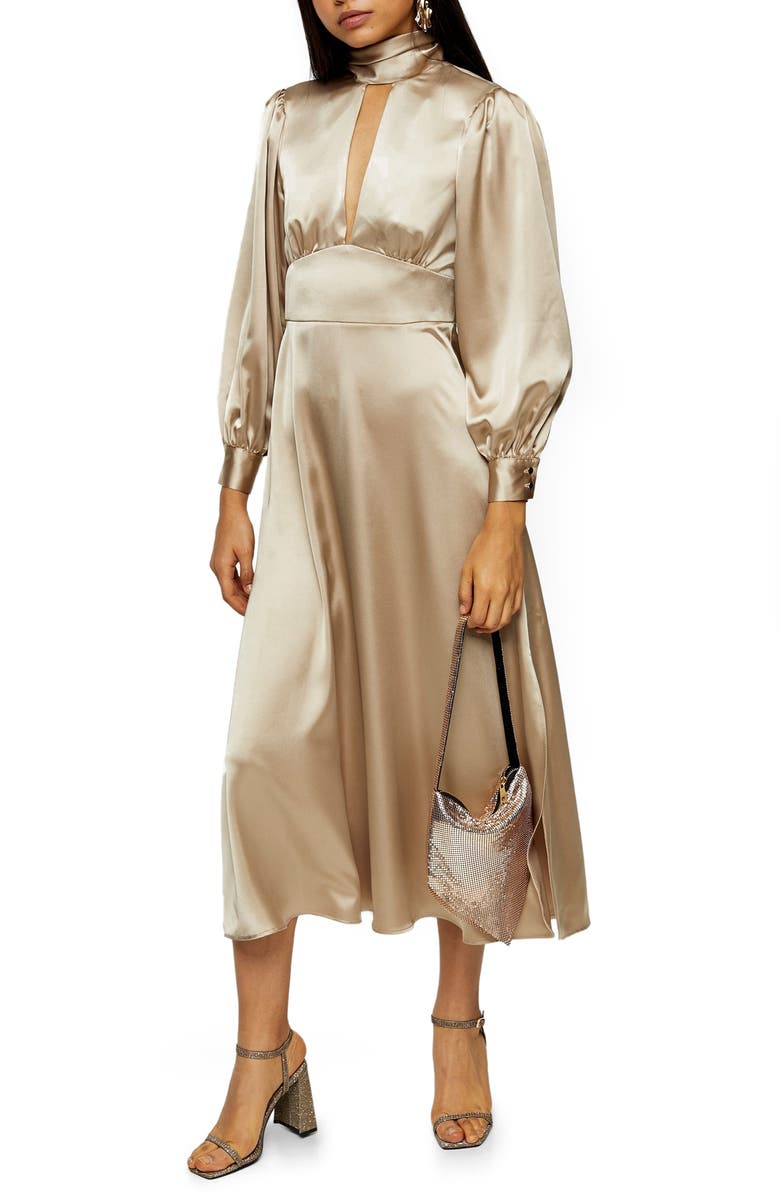 Topshop Long Sleeve Satin Midi Dress, Main, color, 