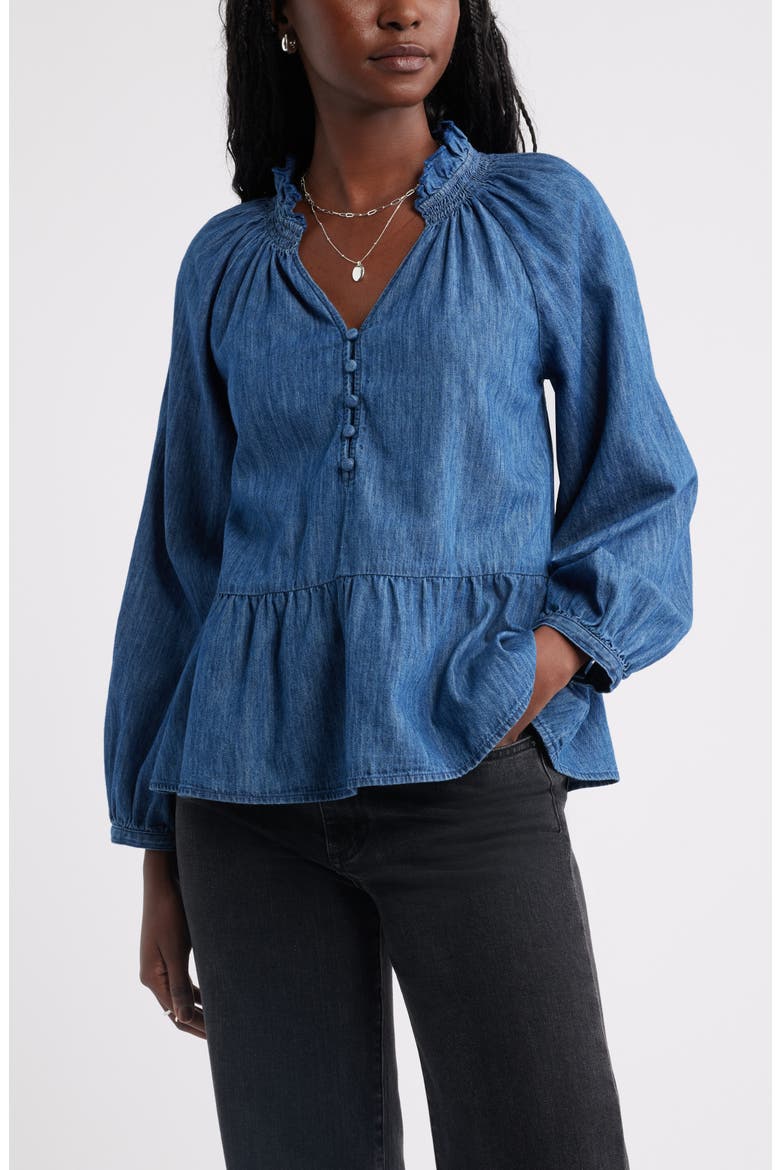 Peplum Cotton Chambray Top, Main, color, DARK WASH