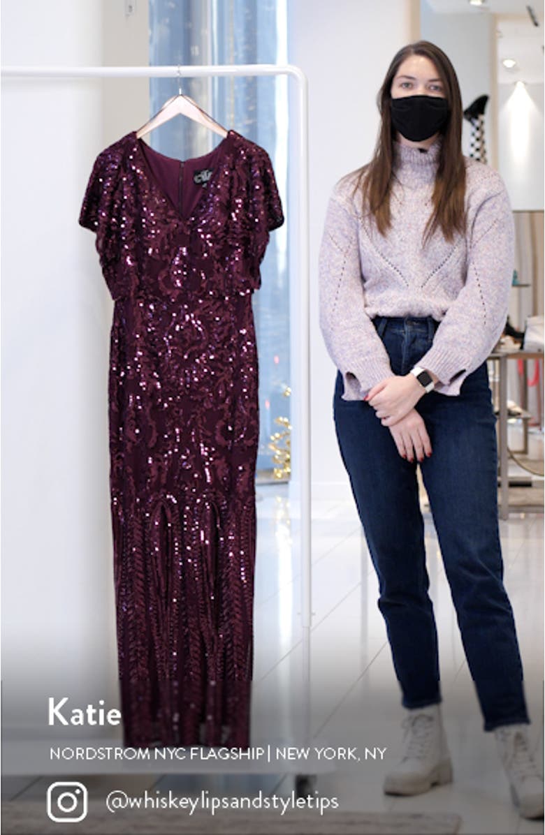 Sequin V-Neck Flutter Sleeve Gown, sales video thumbnail