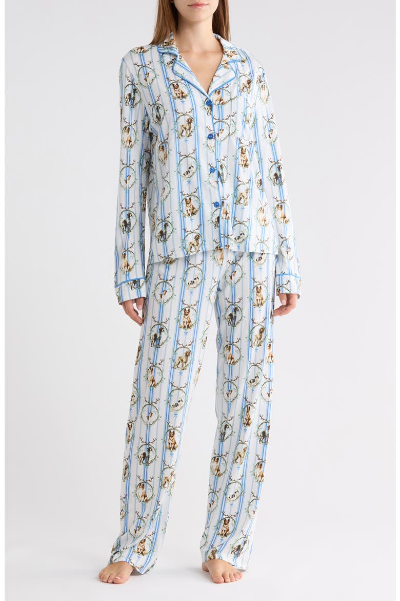 Cotton Blend Notch Collar Pajamas, Main, color, WOODLAND PUPS STRIPE