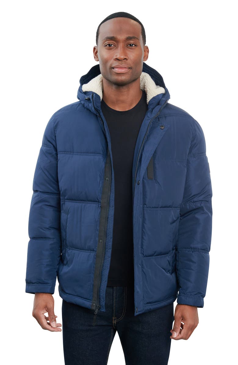 Lucky Brand Davis Water Resistant Faux Shearling Lined Hood Puffer Jacket, Alternate, color, Midnight Navy