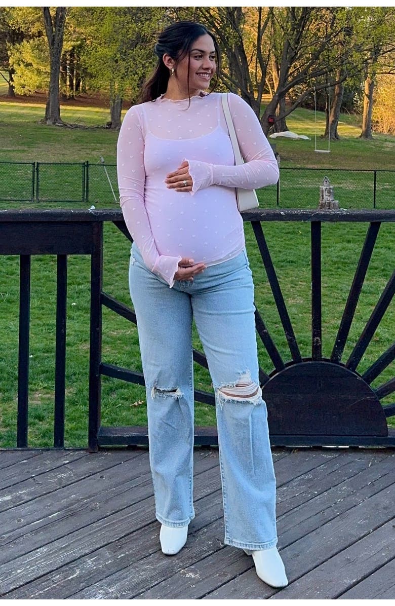 PinkBlush Mesh Heart High Neck Long Sleeve Top, Alternate, color, Light Pink