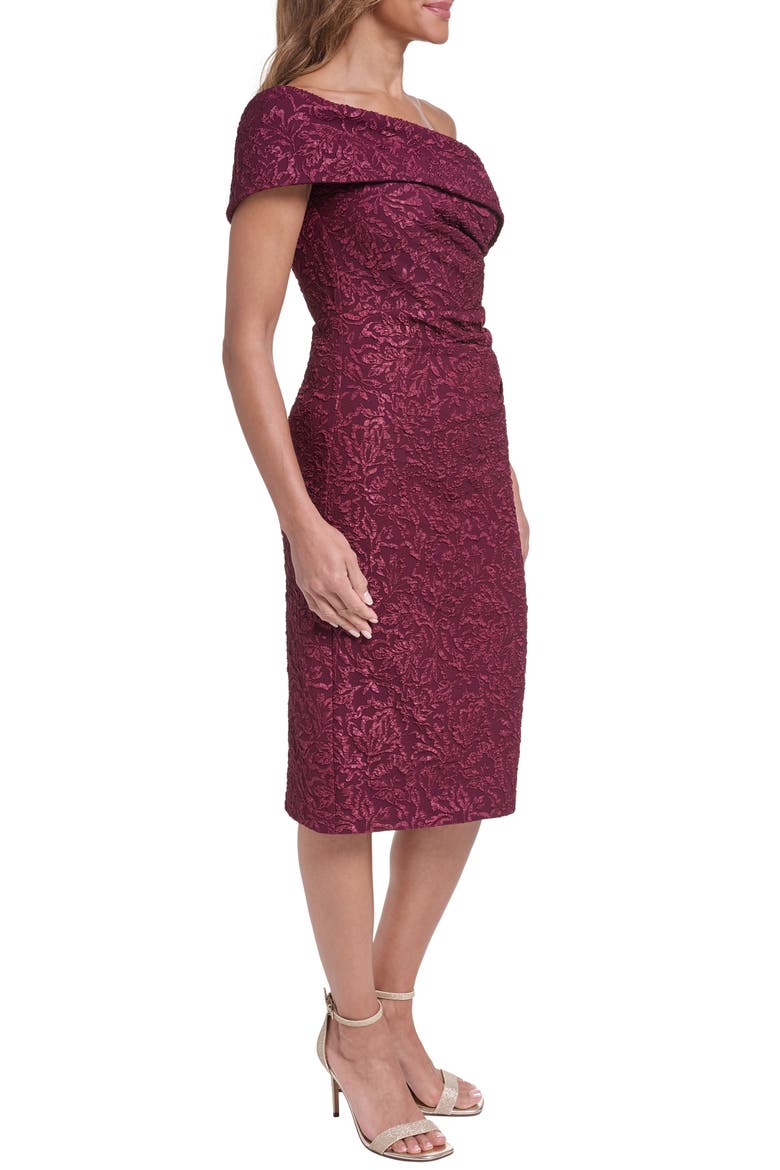 Metallic Floral Jacquard One-Shoulder Cocktail Sheath Dress, Alternate, color, WINE