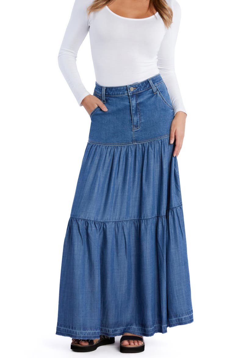 Contrast Tiered Denim Maxi Skirt, Alternate, color, TAYLOR BLUE