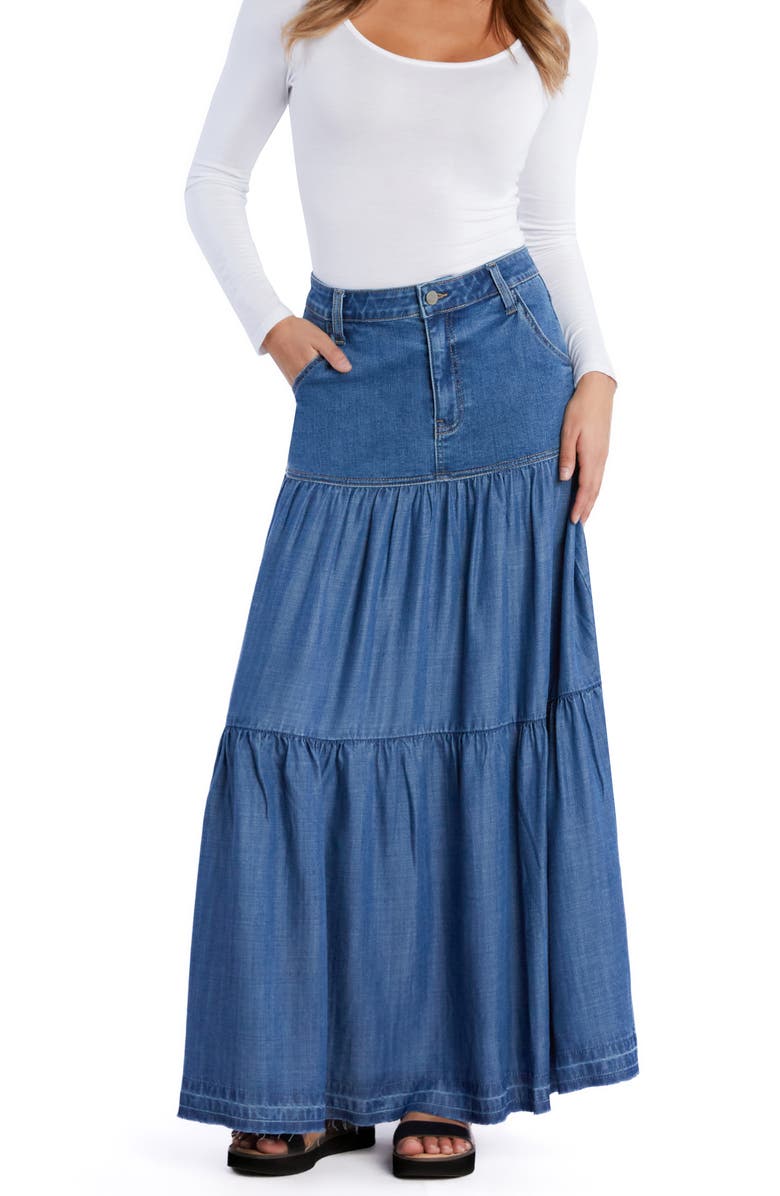 Wash Lab Denim Contrast Tiered Denim Maxi Skirt, Alternate, color, Taylor Blue