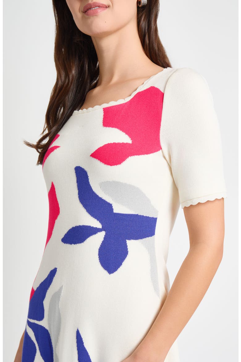 Floral Short Sleeve Sweater Dress, Alternate, color, IVORY/ SAPPHIRE/FUSCHIA