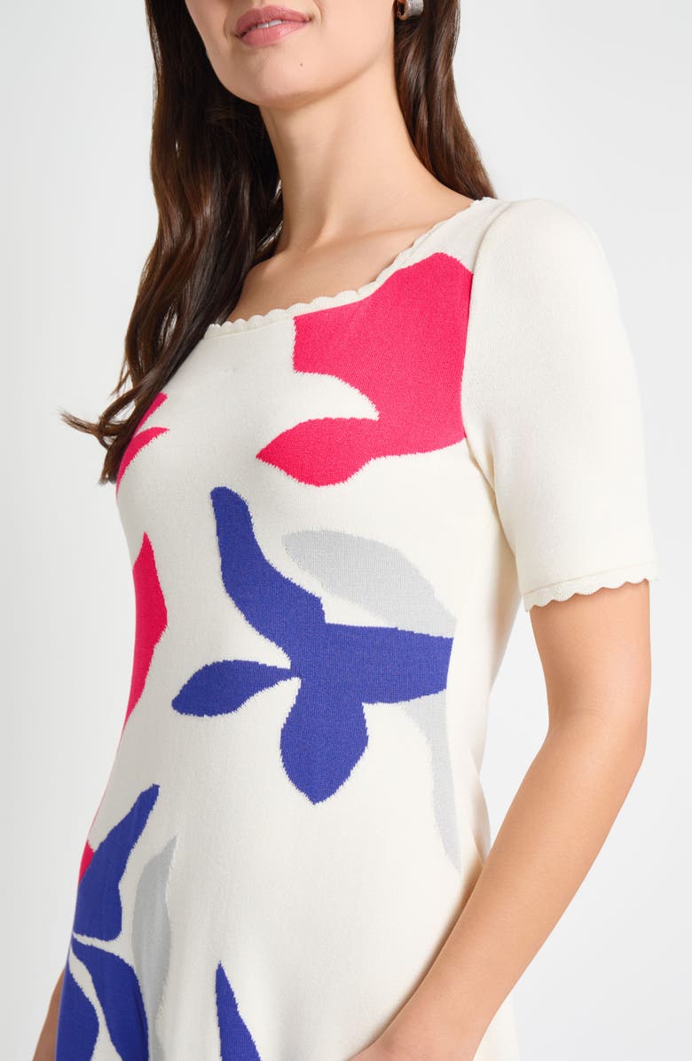 Ming Wang Floral Short Sleeve Sweater Dress, Alternate, color, Ivory/ Sapphire/Fuschia