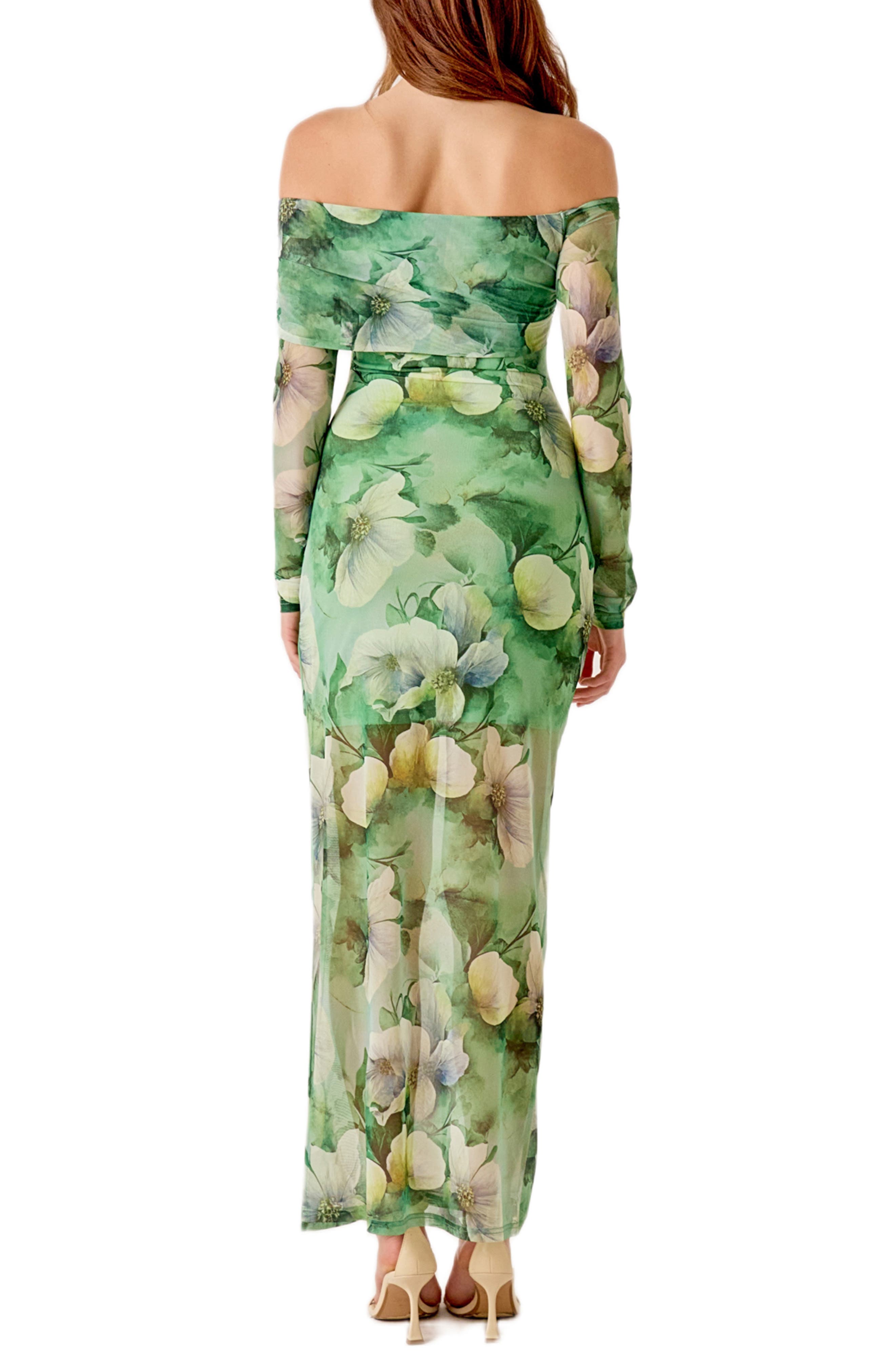 Long Sleeve Floral Mesh Off the Shoulder Maxi Dress - image 2