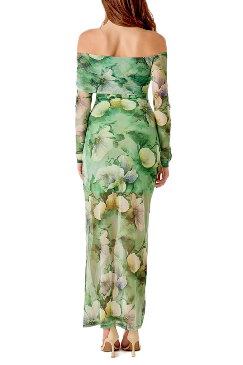 Long Sleeve Floral Mesh Off the Shoulder Maxi Dress, Alternate, color, GREEN MULTI