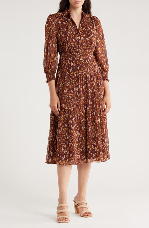 Ruffle Long Sleeve Fit & Flare Chiffon Midi Dress