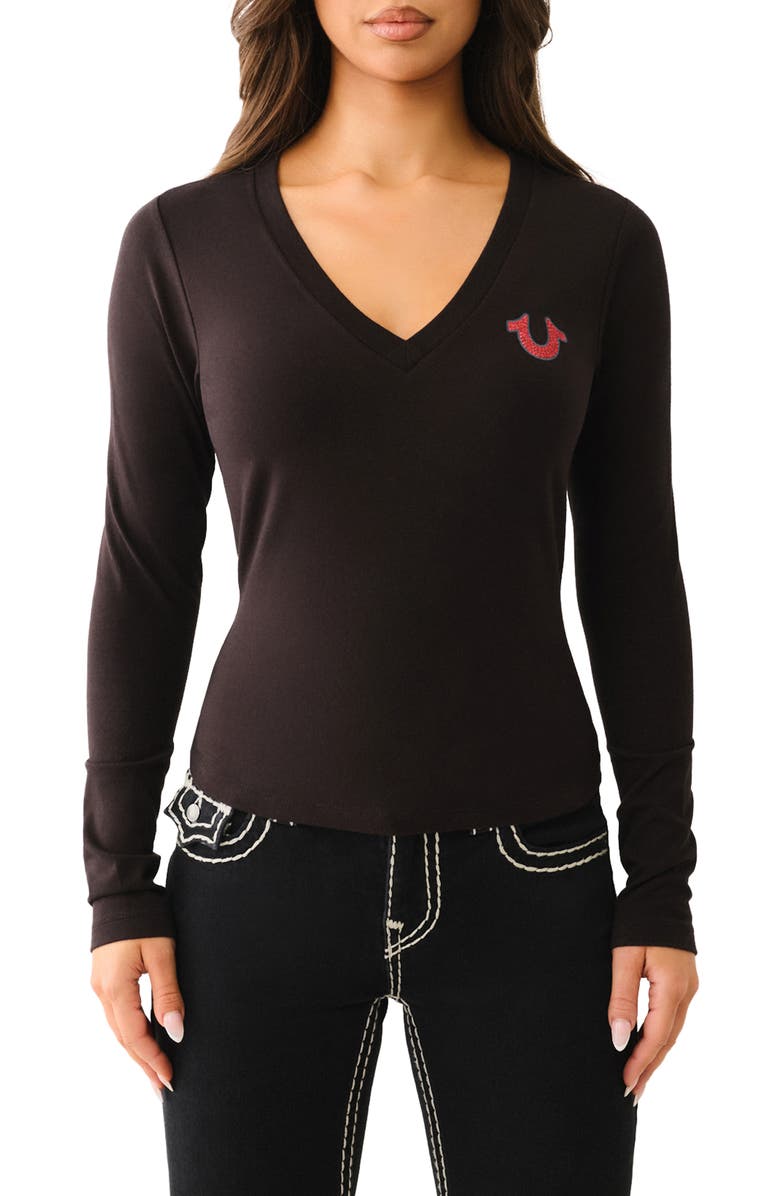 True Religion Embellished Long Sleeve Cotton Graphic T-Shirt, Main, color, Jet Black